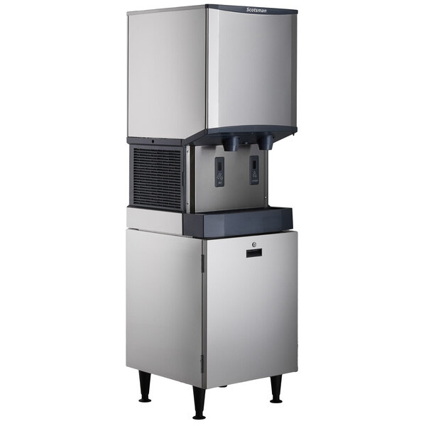 Scotsman hid540a-1 meridian 21 1/4" air cooled nugget ice machine with 40 lb. bin, water dispenser, and equipment stand with door - 115v, 500 lb.