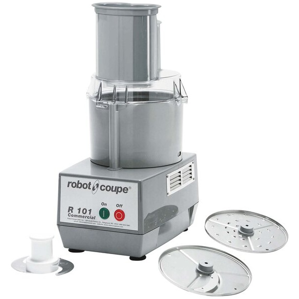 Robot coupe r101p 2 qt. / 1.9 liter gray batch bowl food processor with vegetable prep lid chute & 2 discs - 3/4 hp