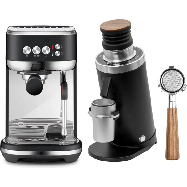 Breville the bambino plus espresso machine bes500btr (black truffle), df64 gen 2 grinder w/ dlc burrs (black) and portafilter bundle