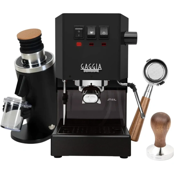Gaggia classic e24 thunder black, df54 (black) grinder, bottomless walnut portafilter, & walnut tamper bundle