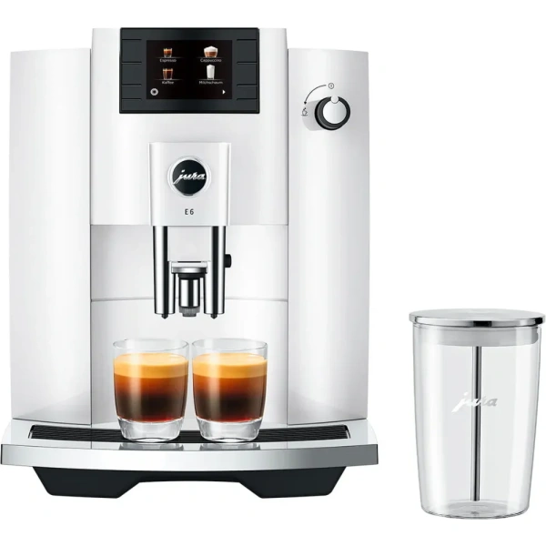 Jura E6 Super Automatic Espresso Machine Piano White (Model 15559 | Latest Version) with Glass Milk Container
