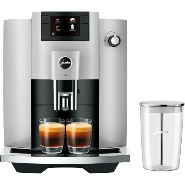 Jura E6 Super Automatic Espresso Machine Platinum - (Model 15465 | Latest Version) with Glass Milk Container