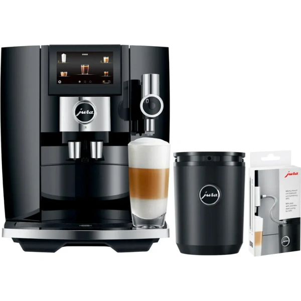 Jura j8 super automatic espresso machine 15557 piano black bundle: cool control 0.6l & milk pipe with s.s. casing—hp3