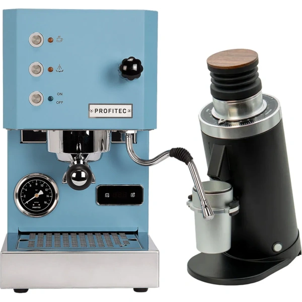 Profitec go (blue) espresso machine & df64 gen 2 grinder w/ dlc burrs (black) bundle