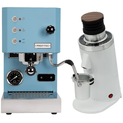 Profitec Go (Blue) Espresso Machine & DF64 Gen 2 Grinder w/ DLC Burrs (White)