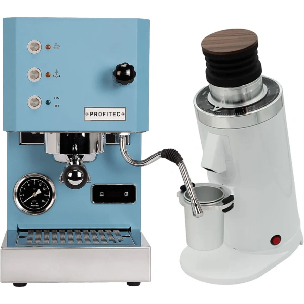 Profitec go (blue) espresso machine & df64 gen 2 grinder w/ dlc burrs (white)