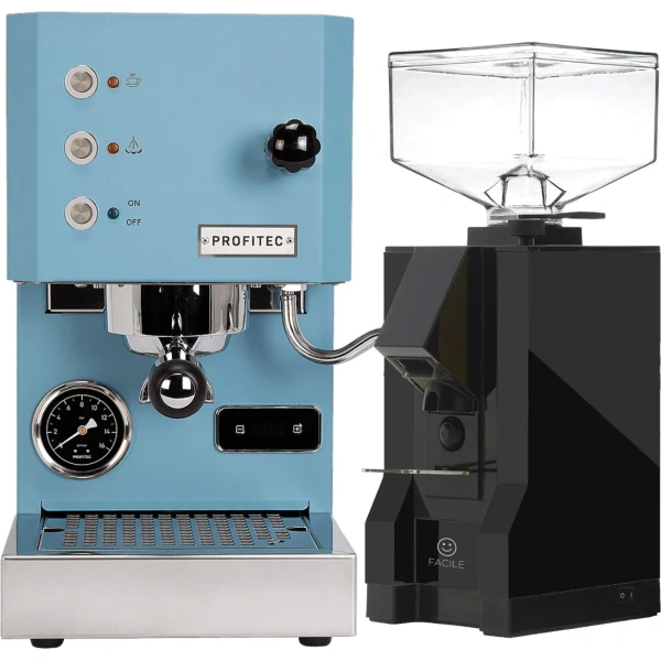 Profitec go (blue) espresso machine & eureka mignon facile grinder (black) bundle