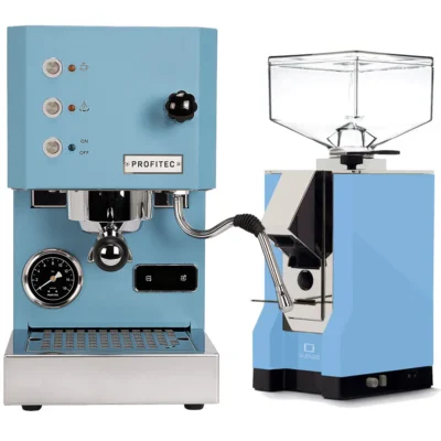 Profitec Go Blue Espresso Machine & Eureka Mignon Silenzio 55 Grinder (Pale Blue)