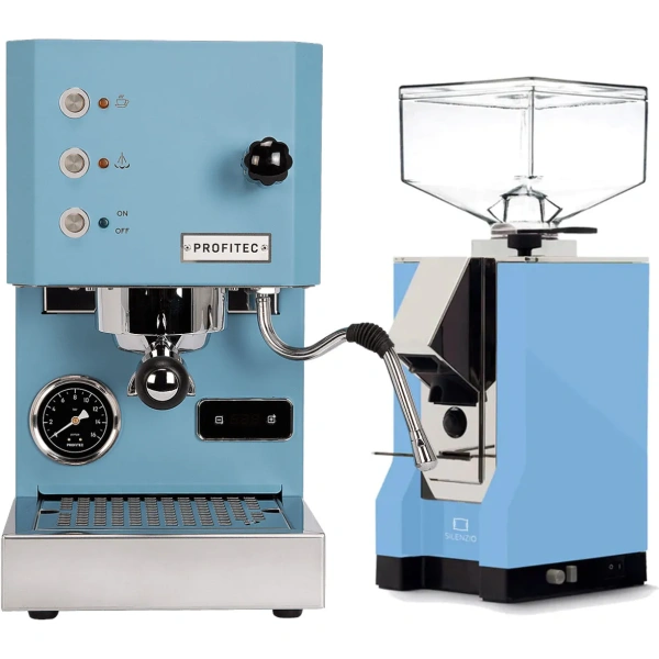 Profitec go (blue) espresso machine & eureka mignon silenzio 55 grinder (pale blue)