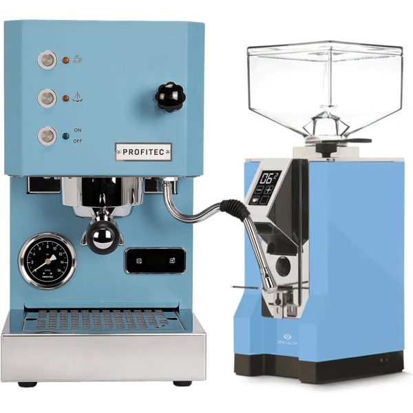 Profitec go (blue) espresso machine & eureka mignon specialita grinder (pale blue)