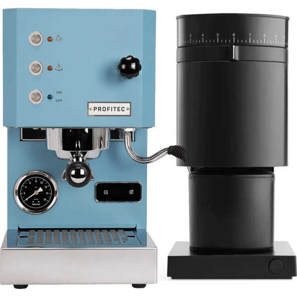 Profitec go (blue) espresso machine & fellow opus grinder (black) bundle