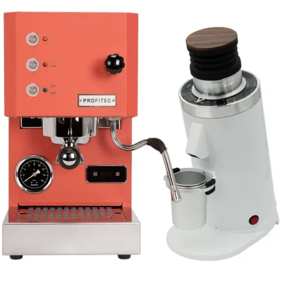 Profitec Go (Red) Espresso Machine & DF64 Gen 2 Grinder w/ DLC Burrs (White)