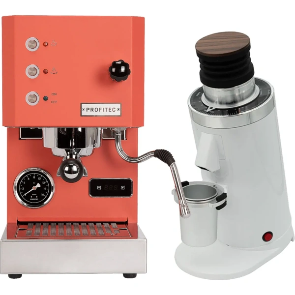 Profitec go (red) espresso machine & df64 gen 2 grinder w/ dlc burrs (white)