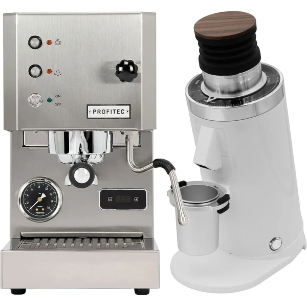 Profitec go (stainless steel) espresso machine & df64 gen 2 grinder w/ dlc burrs (white)