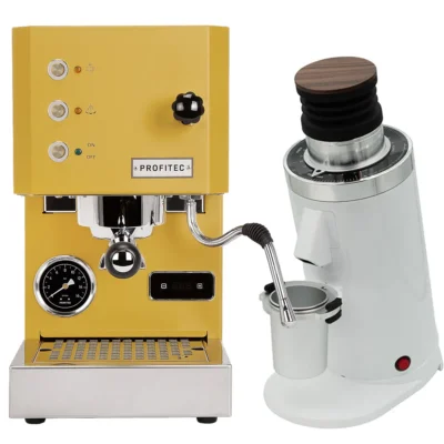 Profitec Go (Yellow) Espresso Machine & DF64 Gen 2 Grinder w/ DLC Burrs (White)