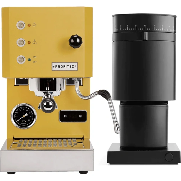 Profitec go (yellow) espresso machine & fellow opus grinder (black)