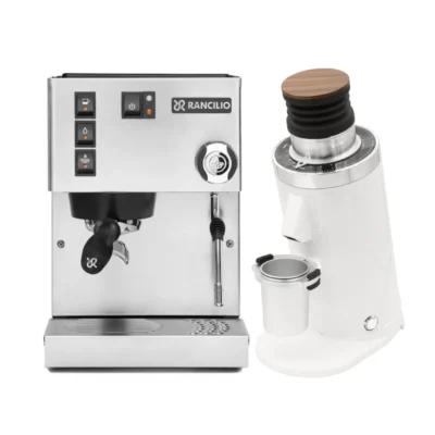 Rancilio Silvia M V6 Espresso Machine (Silver Stainless Steel) and DF64 Gen 2 Grinder w/ DLC Burrs (White)