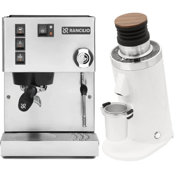 Rancilio Silvia M V6 Espresso Machine (Silver Stainless Steel) and DF64 Gen 2 Grinder w/ DLC Burrs (White)